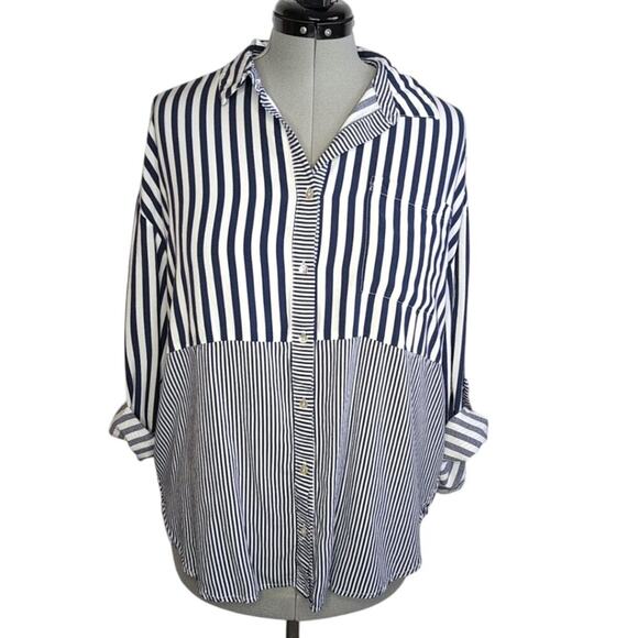 Jane and Delancey navy & white striped rayon button-front shirt, size XL - Picture 4 of 11